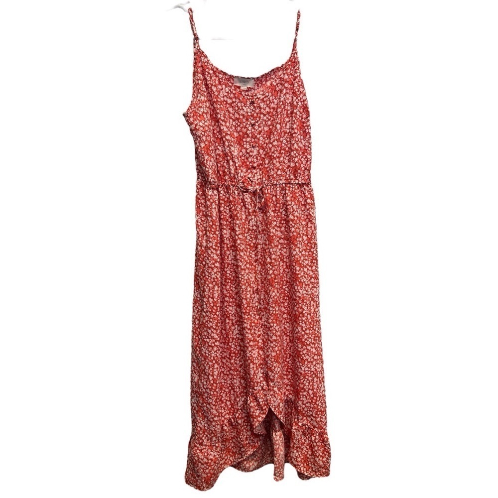 Loft Red Ditsy Floral Dress Midi Spaghetti Strap Drawstring Waist Size 12